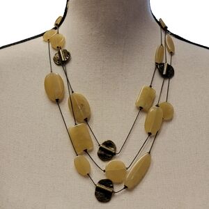 Coldwater Creek Yellow Bronze Necklace Triple Strand Beaded Funky Chunky Jewelry